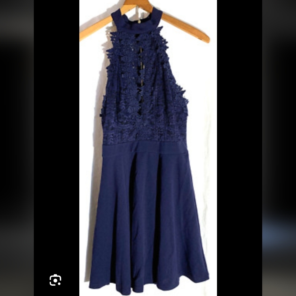 Windsor Navy Keyhole Lace Halter Dress
